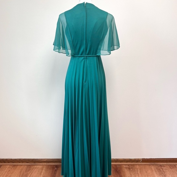 Vintage Mid Century Teal Chiffon Cape Pleated Formal Goddess Maxi Dress Gown - Picture 9 of 13